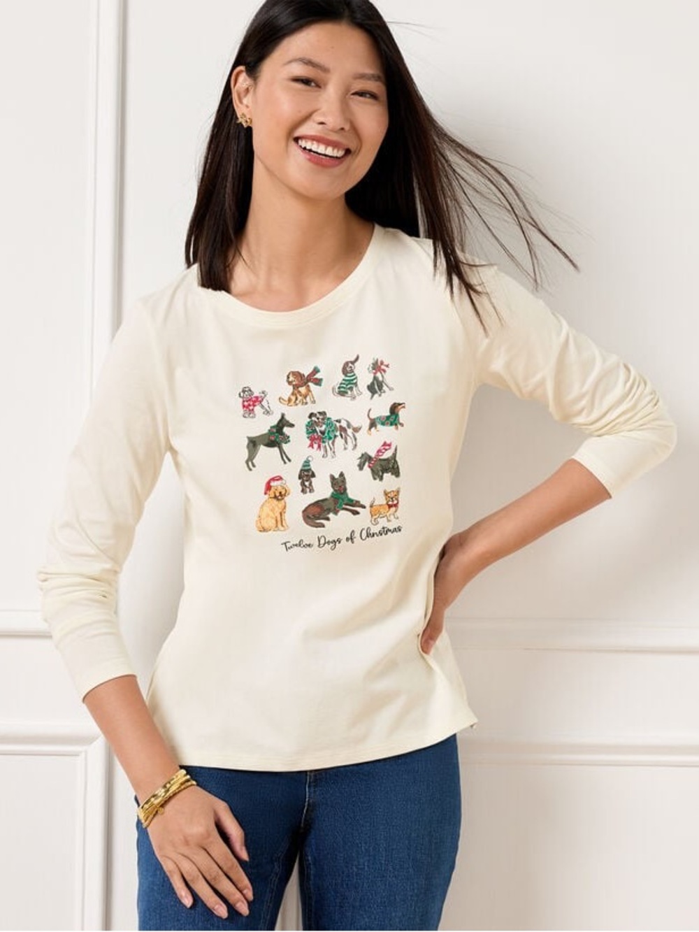 Talbot’s Cream Long-Sleeve Graphic Tee - Twelve Dogs of Christmas Sz XL